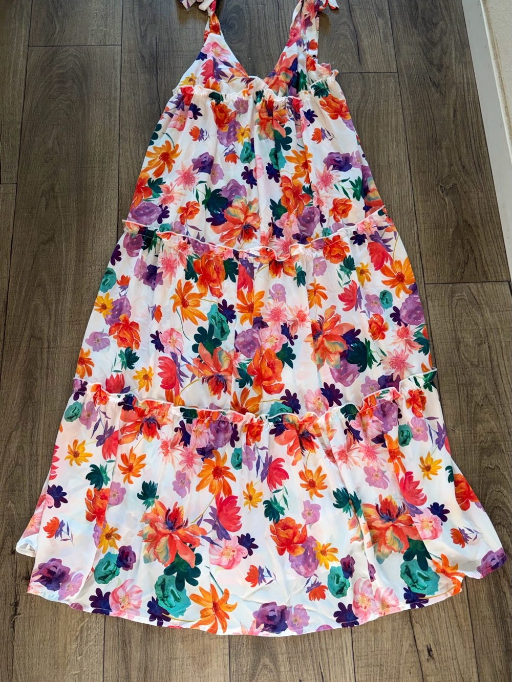 SHEIN White Floral Tiered Maxi Dress with Orange, Purple & Green Bloom